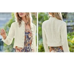 Peruvian Connection Reid Slub Linen Jacket 18 White Cropped Military Safari EUC